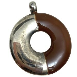 VTG Two Tone Silver Brown Enamel Pendant Necklace Statement Fashion Jewelry 2 in